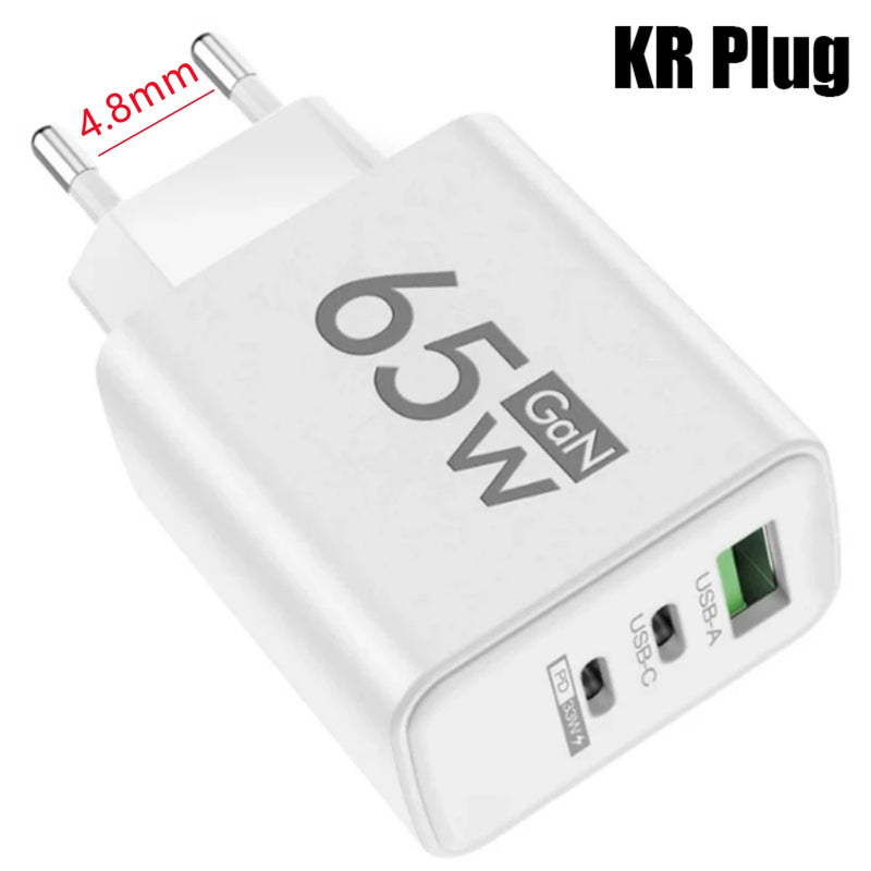 65W USB C GaN Charger 3 Ports Fast Charging Adapter 10A USB To Type C Data Cable PD USB QC3.0 Chargers for iPhone Samsung Xiaomi