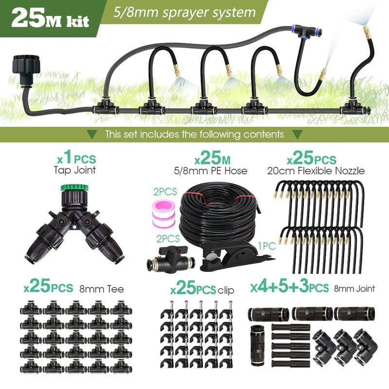 Garden 5-30M 8mm PE Hose 20cm 360° Bending Brass Nozzle Spray Kit Atomized Automatic Irrigation Equipment Plants Mist Wateriing