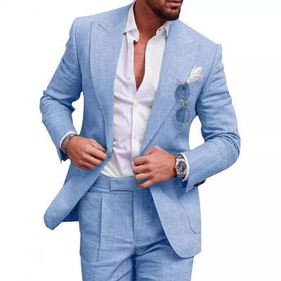 Men‘s Linen Pant Suit Set Plus - size Black Blue Single Button 2 - Piece Summer Business Formal Casual Blazer | SAMAG