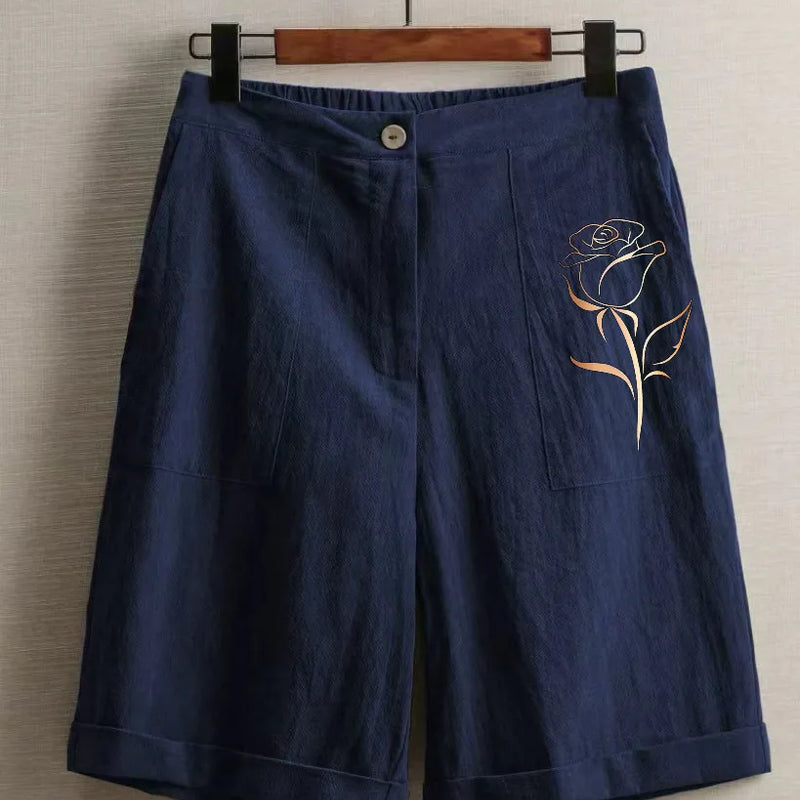 Women's Vintage Rose print Linen Blend Wide Leg Bermuda Shorts High Waist Casual Knee Length Summer Trousers with Pockets
