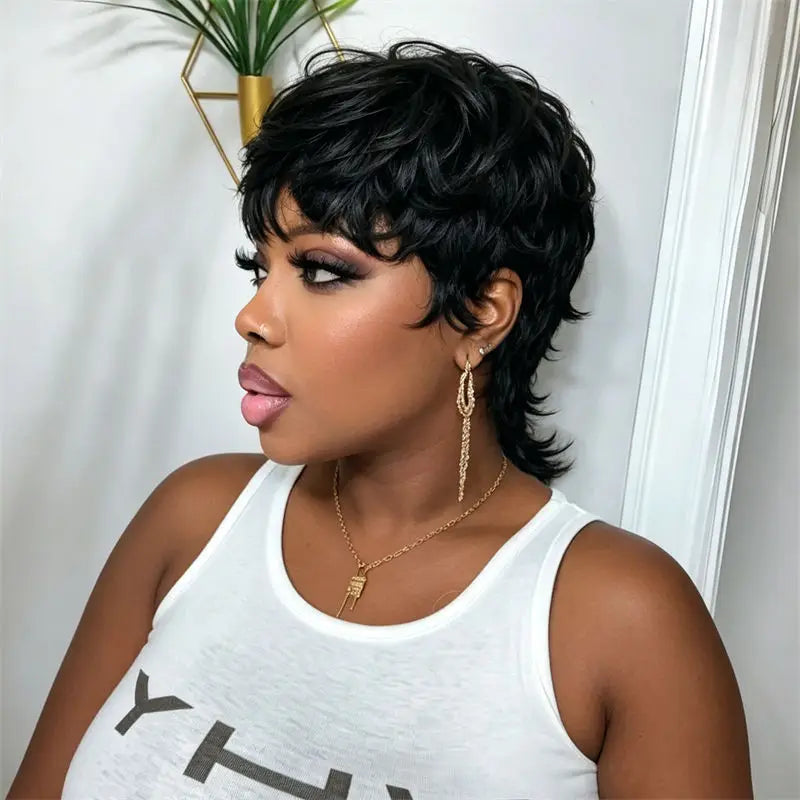 Mullet Pixie Cut Wig Natural Black Full Machine Made Wig With Bangs Fashion Style Breathable Easy To Wear For Women Daily Use