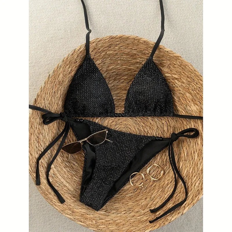 Sexy plain beads micro bikinis sets two pieces thong | SAMAG