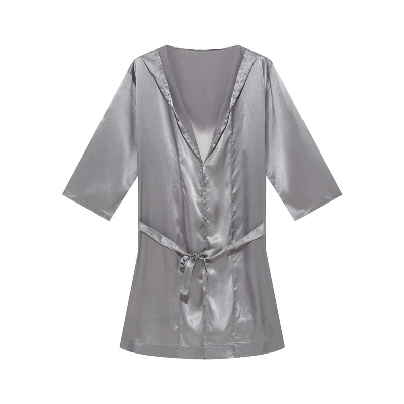 Mens Hooded Bathrobe Shorts Set Pajamas Night Robe Dress Gown Male Silk Satin Nightgown Kimono Bathrobe Sleepwear House Robe Men