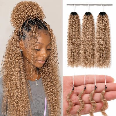 Honey Blonde Highlight Premium Kinky Curly Human Hair Crochet Extensions Deep Curly Burmese Curl Pattern Miracle Knots Feather Braids Invisible Knotless Pre Separated Lightweight Natural Hairstyle For Women