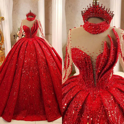 Red Ball Gown Wedding Dresses Beaded Crystals Pearls Lace | SAMAG
