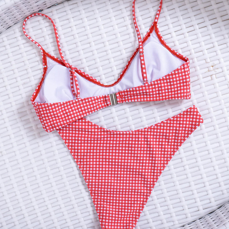 Sexy red plaid print bikinis sets two pieces micro | SAMAG