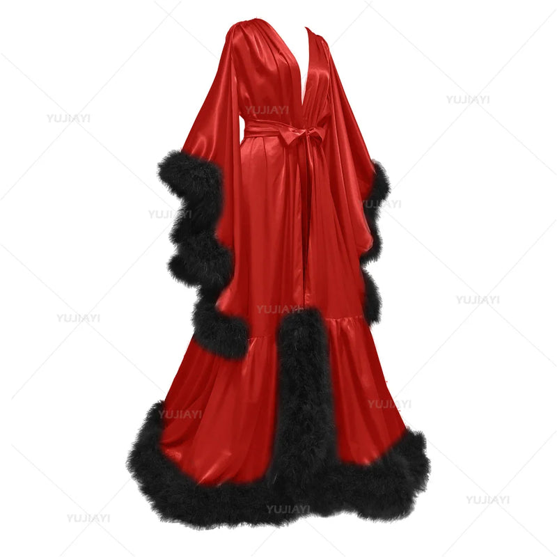 Bathrobe for Women Flare Sleeves Feather Bridal Robe Nightgown Silk Illusion Long Wedding Scarf Dressing Gown Photography Dress