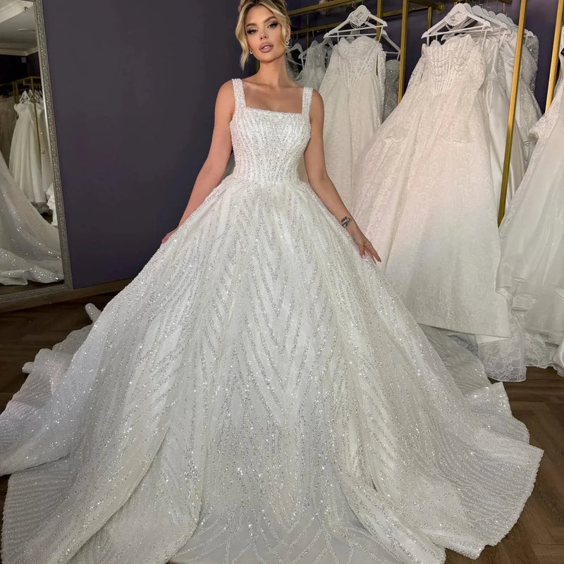 Customized Square Neck Thick Strap Sparkly Ball Gown - View 2 | SAMAG