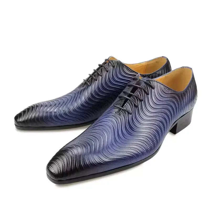 Men's lace up formal shoes, casual retro comfortable faux leather striped embossed handmade business dress shoes