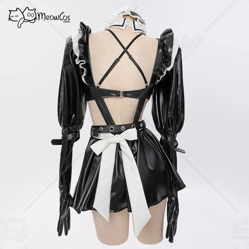 Meowcos Women Gothic Dark Maid Lingerie Set Black Sexy Bodysuit with Miniskirt and Stockings Cosplay Costumes
