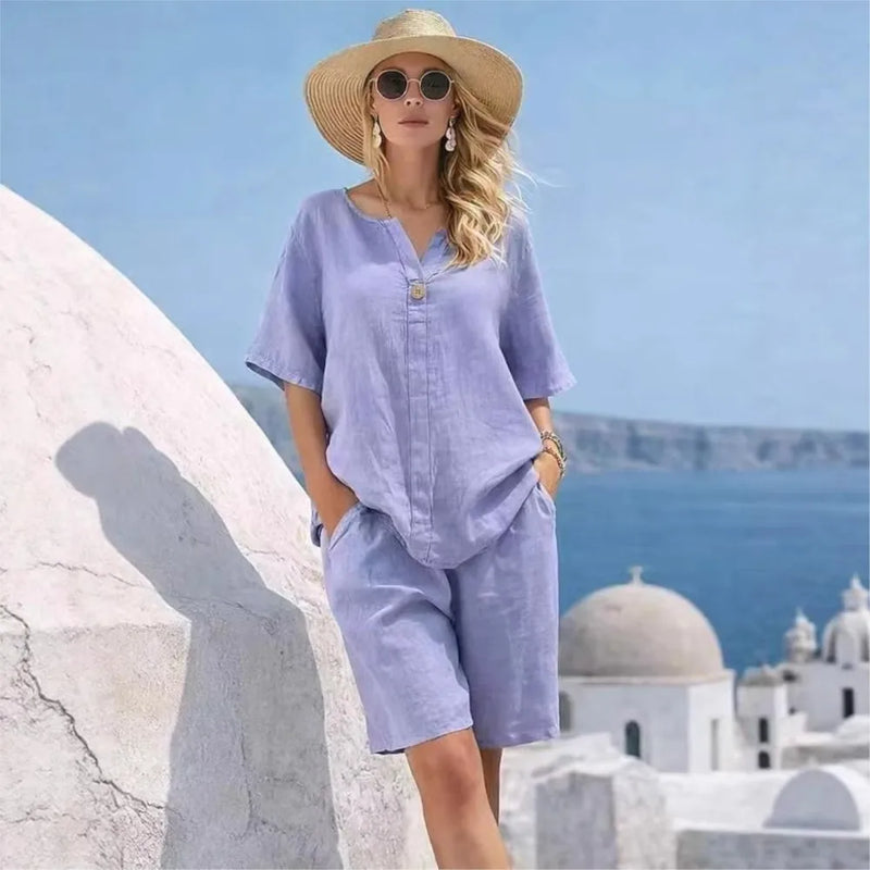 Summer Cotton Linen Casual Short-sleeved Tops Women's Suit New Fashion Female Beach Vacation 5 Point Straight Shorts 2piece Set