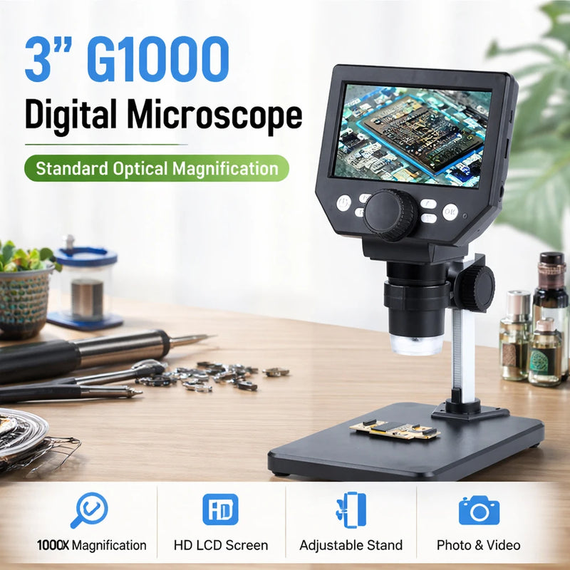 Digital Microscope 4.3'' LCD 1000X 1080P Camera with Adjustable Stand and LED Light For PCB Repair & Electronics
