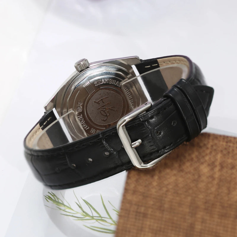 Vintage Shanghai Hand Wind Mechanical Watch  Simple Silver Case Black Leather Band Business Dress Wrist Watch