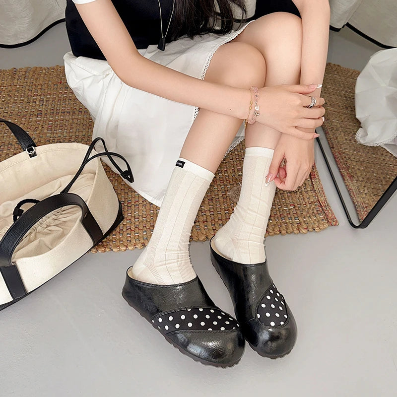 Women Retro Polka Dot Mule Clogs Ladies PU Round Toe Slip On Half Slippers Casual Outdoor Indoor Fashion Daily Wear Footwear