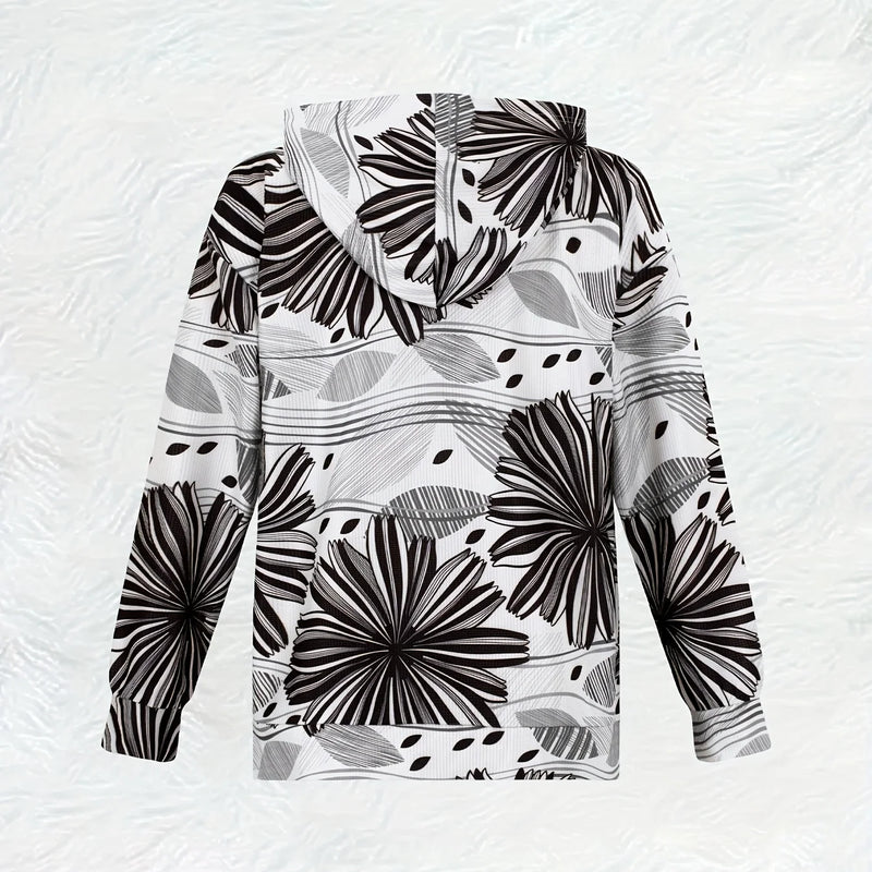 Casual Hooded Jacket for Spring Autumn Abstract Geometric Black and White Pattern Long Sleeve Pullover Sweatshirt Streetwear