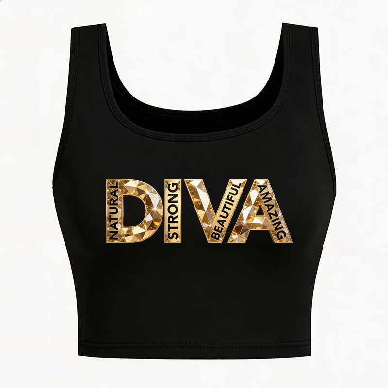Diva Letter Print Crew Neck Tank Tops Casual Sleeveless Vset T Shirt for Summer Women's Sexy Clothing Girls
