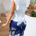Women's Two Piece Dress Set Bow Tie Neck Ruffle Sleeve Blouse Floral Print Bodycon Midi Skirt Elegant Spring Summer Office Party