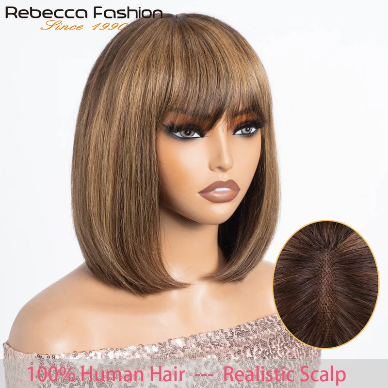 Put On And Go Easy Wear Human Hair Bob Lace Straight Wigs With Bangs Middle Part Bangs Wigs Brazilian Remy Hair Wigs Real Scalp