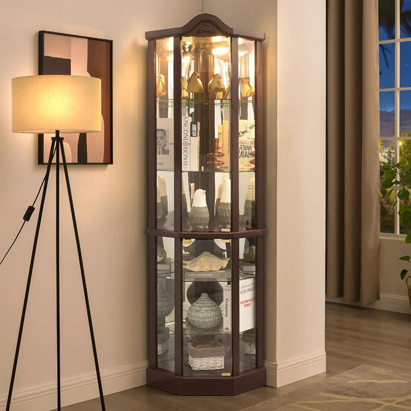 71.93''Tall Corner Display Cabinet with Lighted for Living Room,Corner Display Cabinet with Tempered Glass Doors &, Customized
