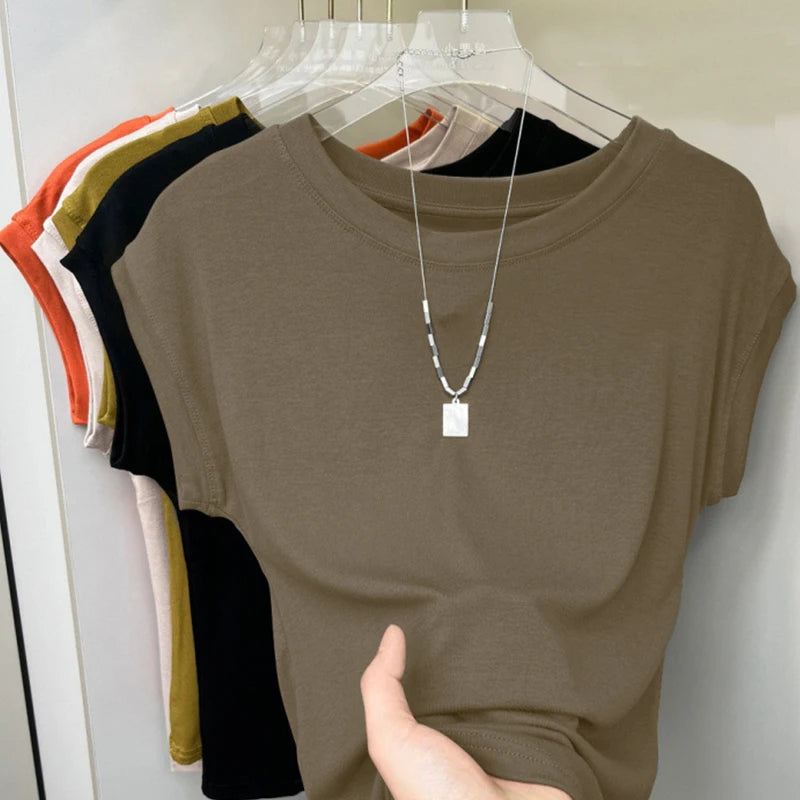 1pcs Women T Shirt Summer Sleeveless Round Neck Breathable Loose Leisure Tops Comfort Lady Basic Tee Solid Female Ice Silk Vests