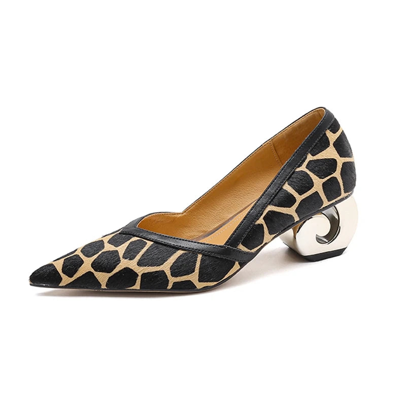 Women's New Genuine Leather Sheepskin Leopard Print Horsehair Pointed Gold-Plated Heel Spring and Autumn High Heels Work Shoes