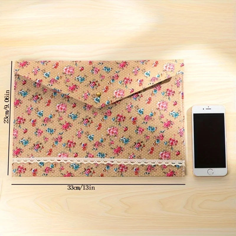 1PC A4 File Folder Elegant Little Flowers Fabric Paper Holder Floral Large Capacity Document Bag Filing Briefcase Organizer Bag