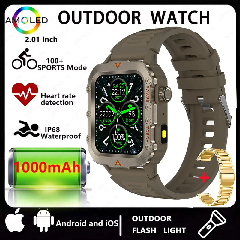 2026 New Men Smart Watch HD Bluetooth Call Sleep Heart Rate Health Monitoring Outdoor LED Flashlight Waterproof Sports Smartwatc