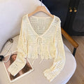 Outdoor Sunscreen Cropped Knit Cardigan Ladies Tie Front Hollow Crochet Shrug Breathable Beach Daily Casual Outerwear