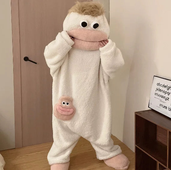 Autumn Winter Big Mouth Monster Cartoon One Piece Pajamas Thick Coral Fleece Warm Soft Casual Couple Home Loungewear In Stock