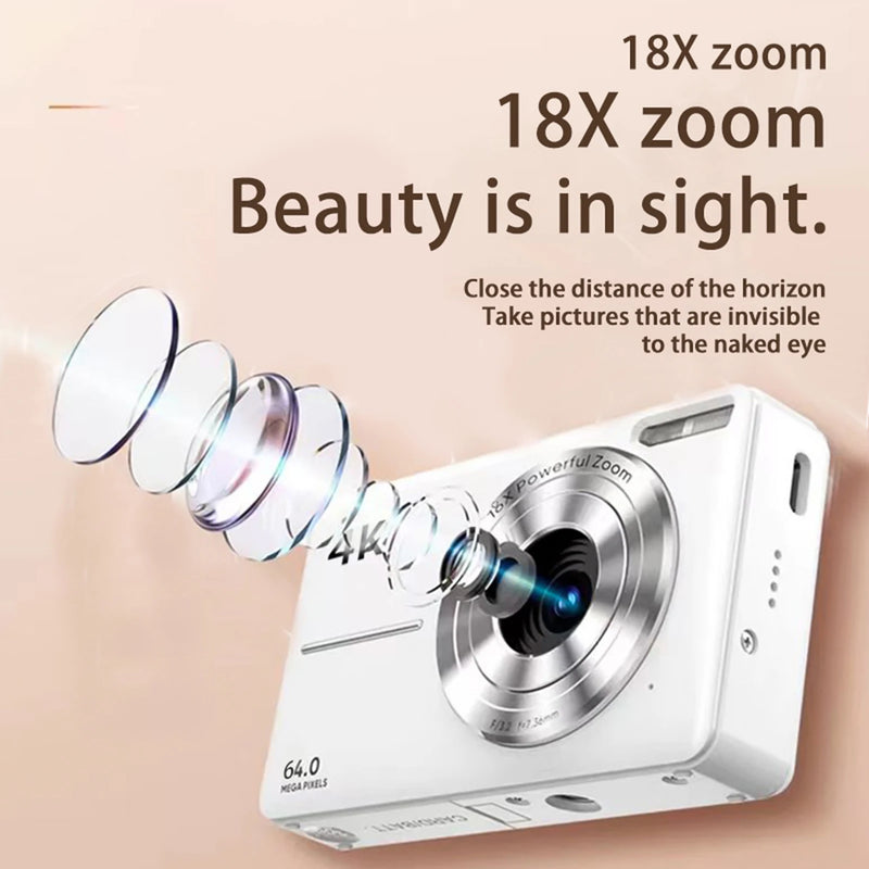 4K/30FPS Digital Camera 64MP Digital Video Camera 2.4 Inch Screen 18X Digital Zoom Built-in Battery Gift for Teens Friends