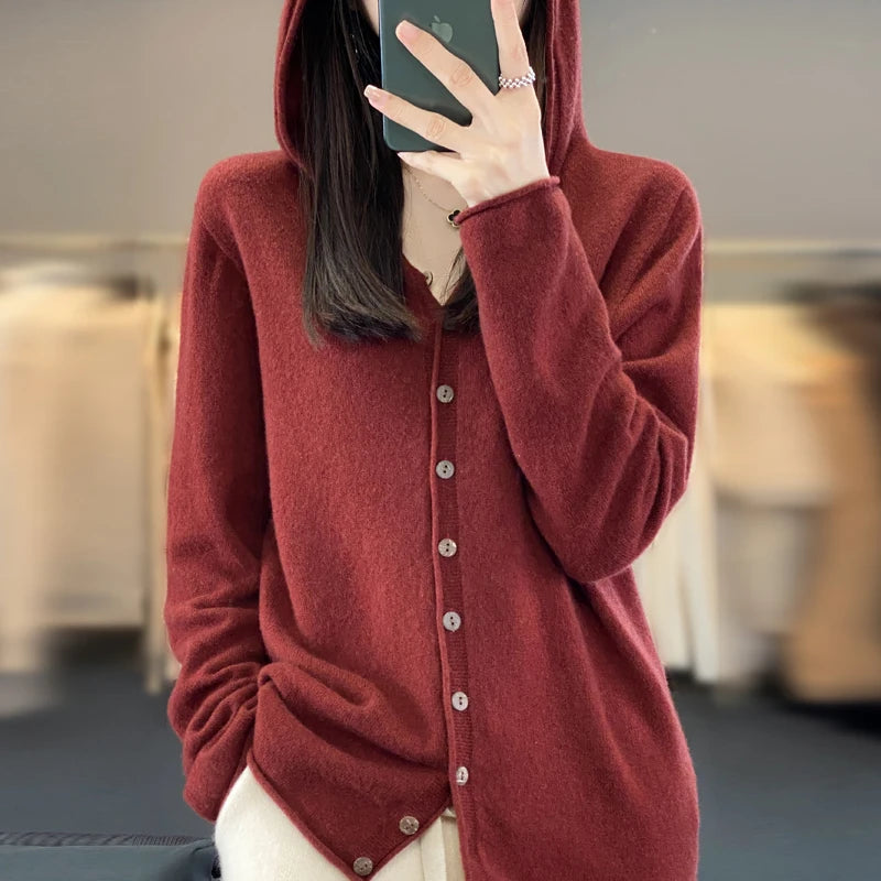 Hooded Cashmere Cardigan 100% Merino Wool Women's Sweater - View 9 | SAMAG