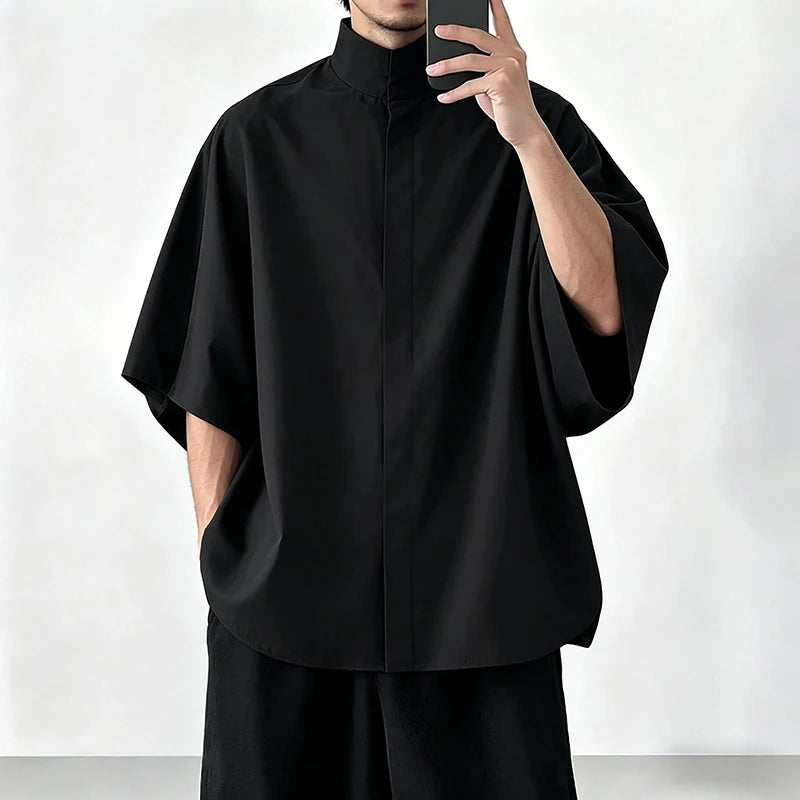 Japanese Style Men Stand Collar Half Sleeve Shirt Loose | SAMAG