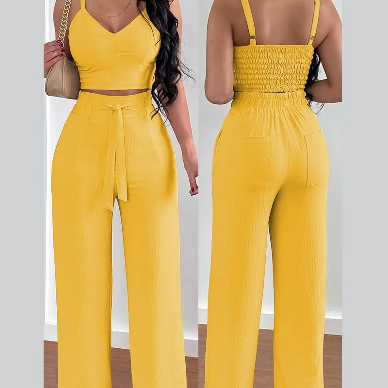 Women's Two Piece Sets Fashion Print Halter V-Neck Short Tank Suit Tops Long Pants Matching Set Summer Casual Female Slim Pants