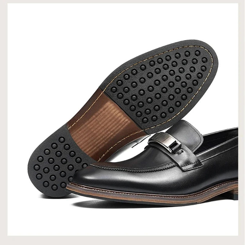 YETTIES Men's Pointed Toe Genuine Leather Loafers | Business Formal Slip-On Dress Shoes | Versatile Comfort Casual Work Footwear