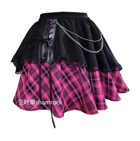Summer Large Size New Irregular Punk Style Sexy Plaid Splicing Skirt Personalized Girl Subculture Lace Goth Style Short Skirt