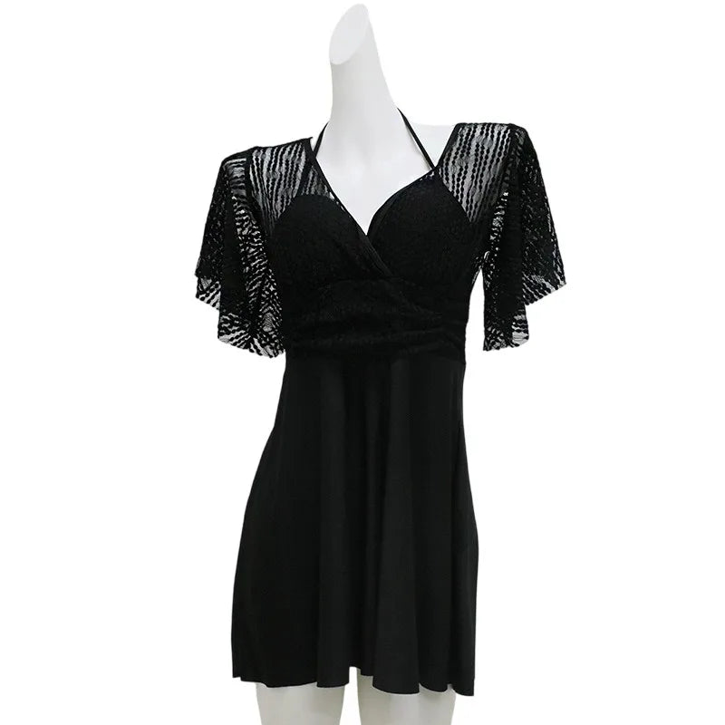 Women's One Piece Swimdress V Neck Sheer Lace Flare | SAMAG