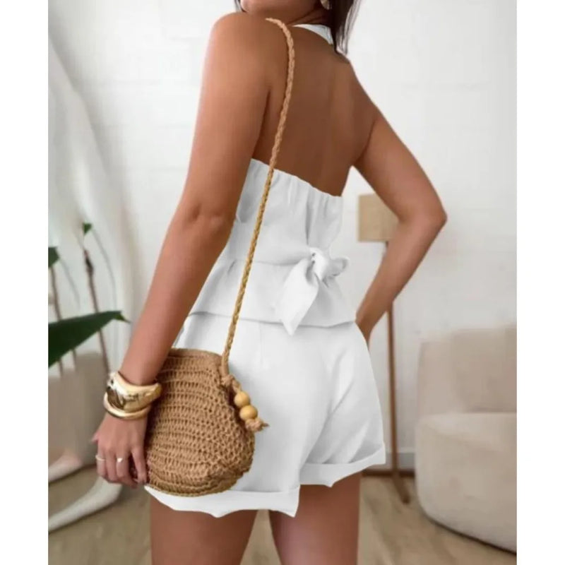 Two Piece Set Sleeveless Backless Blazer Shorts For Women's Summer Fashion V Neck Button Slimming Female Office Shorts Set 2025
