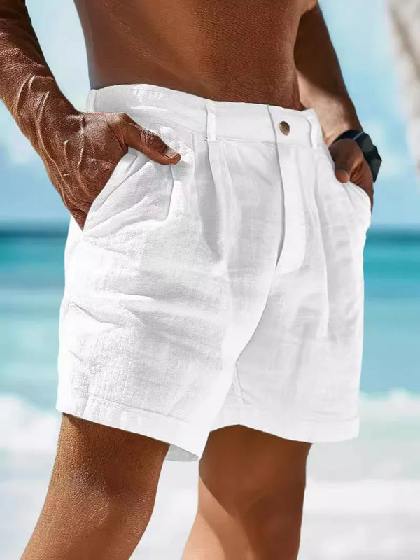 Summer Cotton Linen Shorts for Men Solid Casual Button | SAMAG