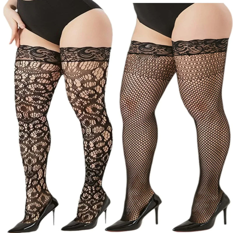 Plus Size Lace Mesh Long Stockings for Women XXL Extra Large Fishnet Tights Stretch Comfortable Fashion Legwear Hosiery