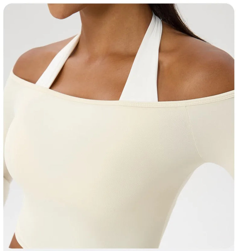 Long Sleeve Yoga T-Shirt for Women, Off Shoulder, Sexy Tight Gym Workout Top, Naked Feeling, Quick Dry Sports Activewear