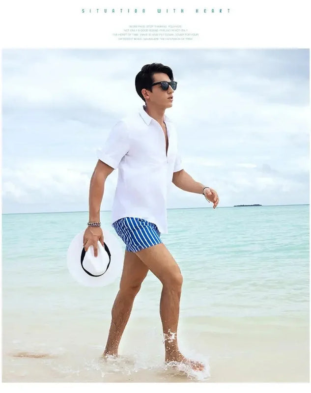 Striped Men Casual Shorts Beach Pants Board Short Quick Dry Sports Trunk Summer Seaside Beachwear Loose Homewear Sleeping Pajama