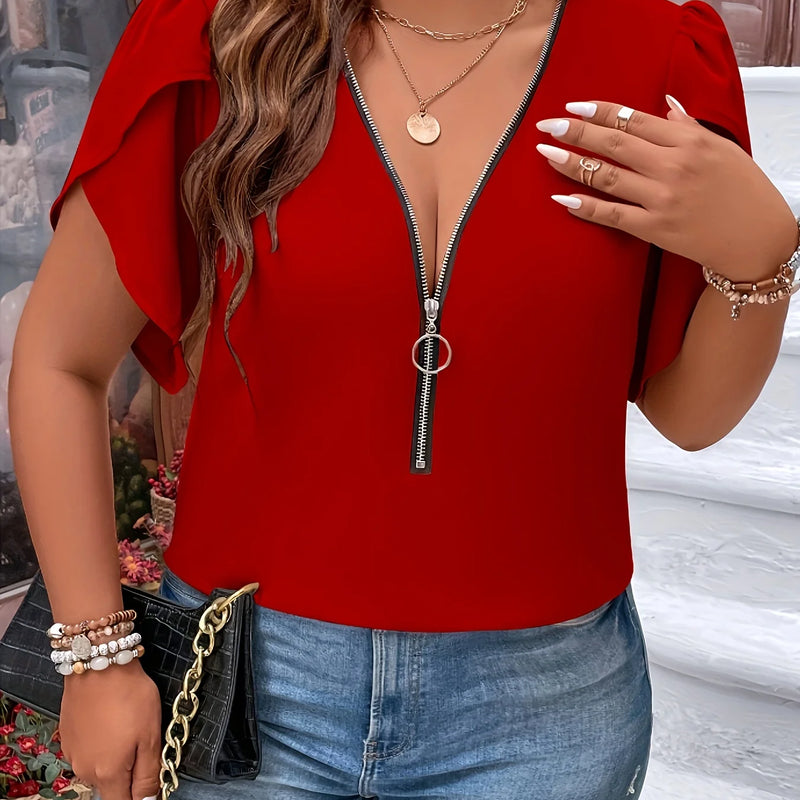 Plus Size Summer Women Elegant Zipper Chiffon Blouses - View 4 | SAMAG