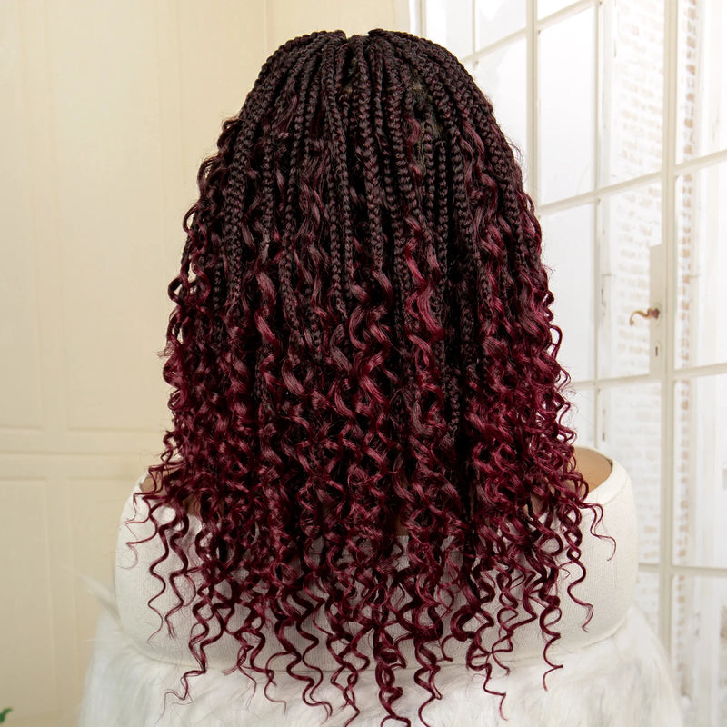 14 Inches Short Burgundy Box Braided Wigs Full Lace Synthetic Boho Braids Wig for Women Ombre Color Braided Wigs