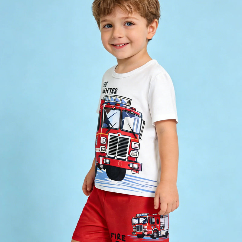Summer Boys White Red Color Block Fire Truck Print Short - View 4 | SAMAG