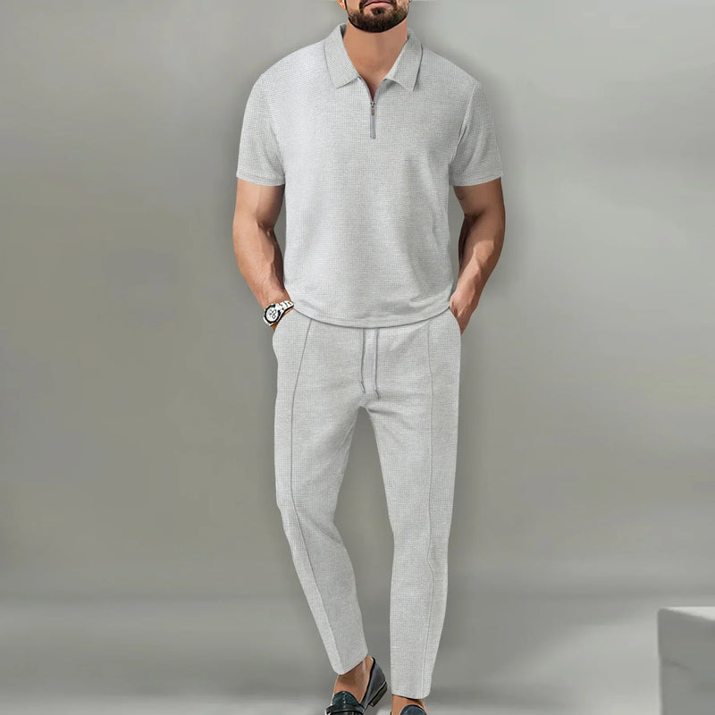 Autumn New European and American Men's Solid Color Leisure Suit Waffle Collar Short - sleeved Zipper Pants - View 5 | SAMAG