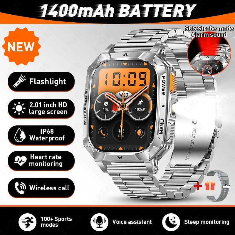 LIGE Militray 1400mAh Large Battery Smart Watch Men 2.01"HD Screen LED Flashlight & SOS Light BT Call Health Monitor Smartwatch