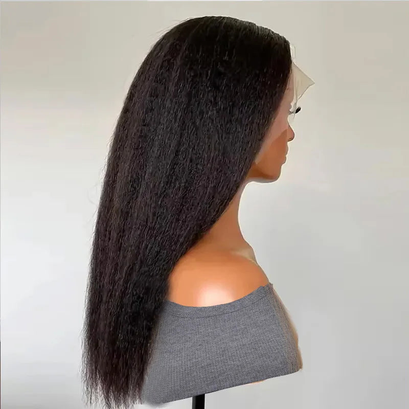 Black Yaki Lace Front Wig 30inch 180density Soft Kinky Straight Wig For Women Baby Hair Synthetic Wigs Heat Temperature Glueless