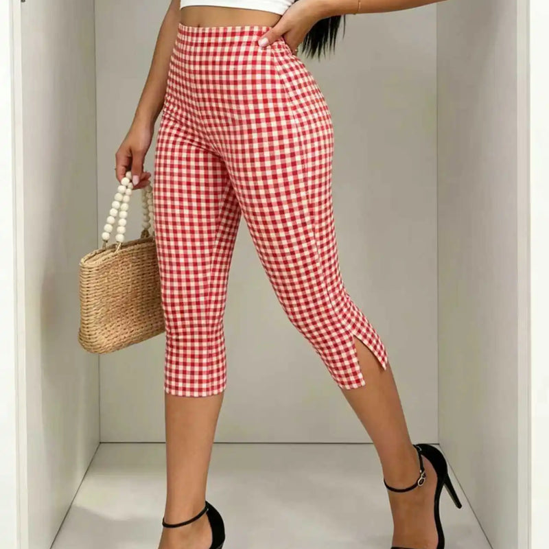 New Red And White Checkered Casual Tight - fitting Capri - View 6 | SAMAG