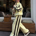 Women's Fashion Cotton Sport Tracksuit With Casual Pant Stripes Zipper Hoodies Cardigan High Waist Trouser 2 Piece Autumn Outfit