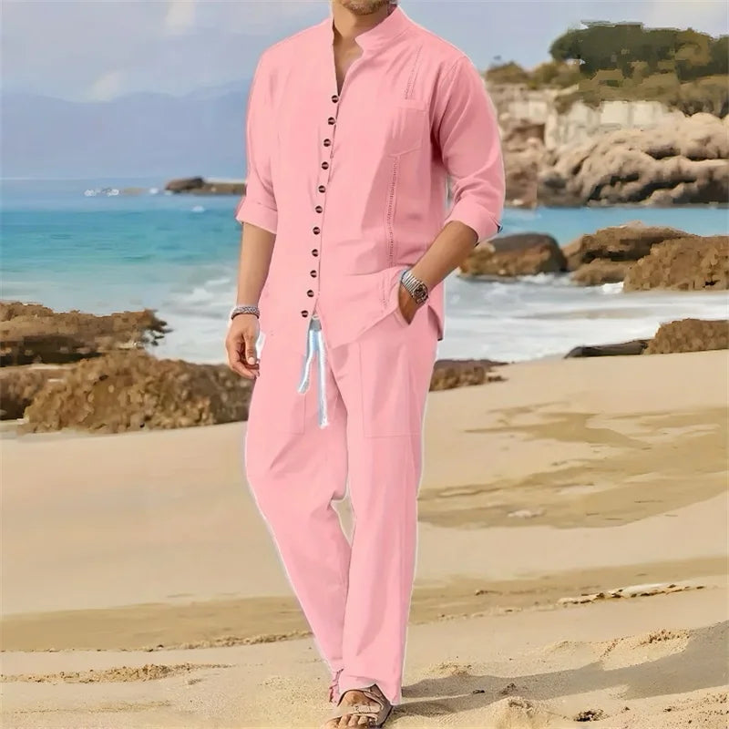 Men's Fashionable Cotton Linen Shirt Set, Stand Collar, Long Sleeves, Two - Piece Spring/Autumn Style, 100% - View 4 | SAMAG